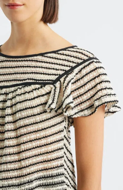Bobeau Ruffle Open Stitch Short Sleeve Sweater In Multi
