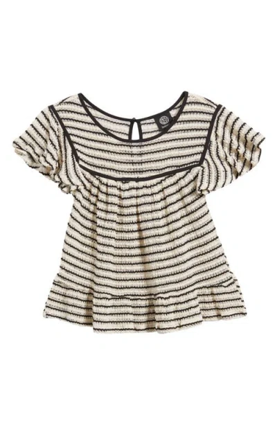 Bobeau Ruffle Open Stitch Short Sleeve Sweater In Multi