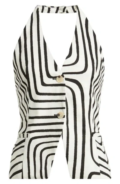 Mango Geometric-print Linen Waistcoat Ecru In Sand