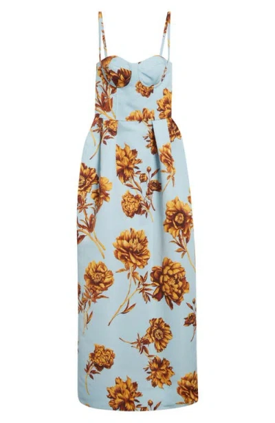 Oscar De La Renta Tonal Peony Print Faille Bustier Gown In Blue