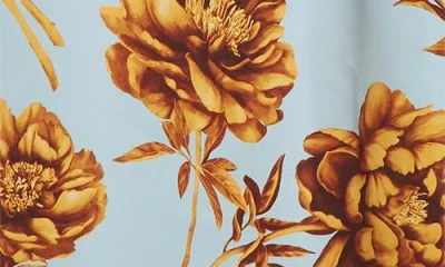 Oscar De La Renta Tonal Peony Print Faille Bustier Gown In Blue