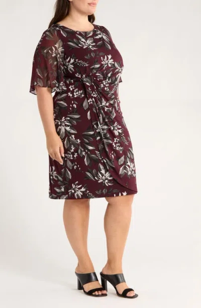 Connected Apparel Flutter Sleeve Dress In Burgundy