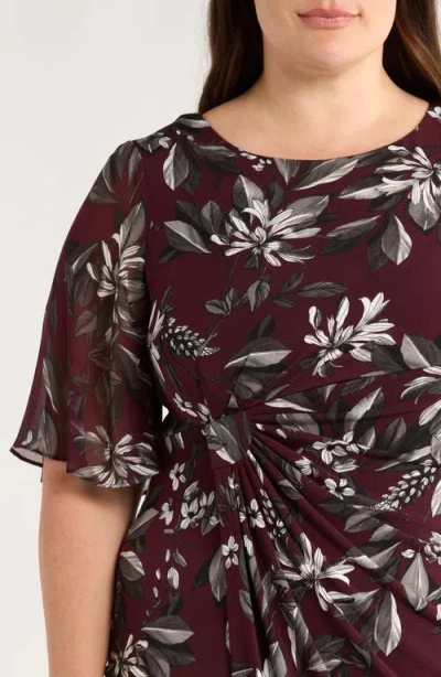 Connected Apparel Flutter Sleeve Dress In Burgundy