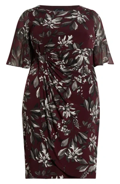 Connected Apparel Flutter Sleeve Dress In Burgundy