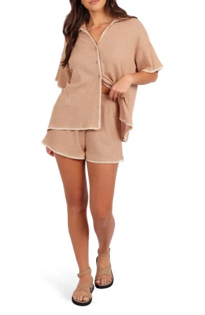 Petal And Pup Petal & Pup Essen Knit Button-up Shirt & Pull-on Shorts Set In Brown