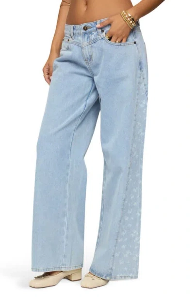 Edikted Floral Panel Low Rise Wide Leg Jeans In Blue