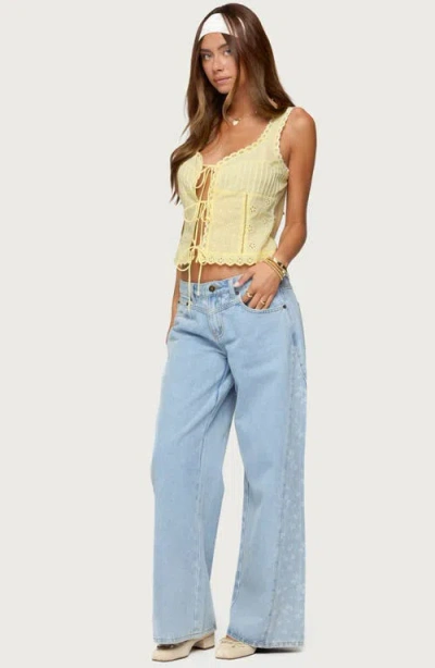 Edikted Floral Panel Low Rise Wide Leg Jeans In Blue