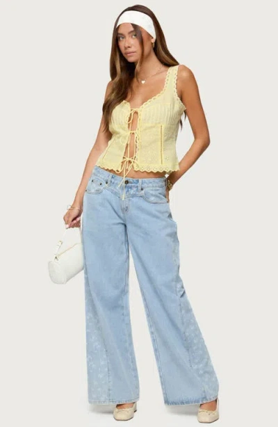 Edikted Floral Panel Low Rise Wide Leg Jeans In Blue