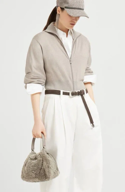 Brunello Cucinelli Shearling Mellow Small Bucket Bag In Brown