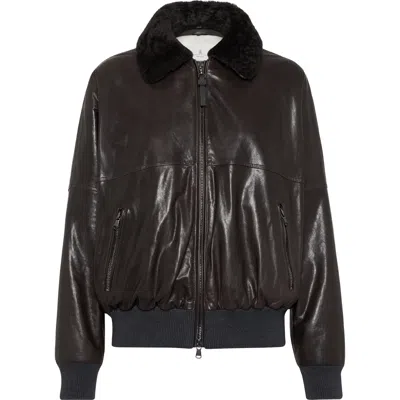 Brunello Cucinelli Leather Jacket With Shearling Collar In Brown