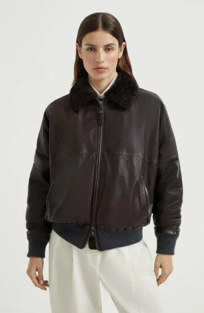 Brunello Cucinelli Leather Jacket With Shearling Collar In Brown