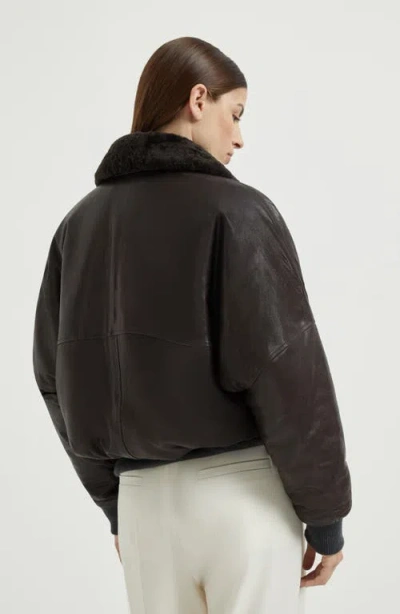 Brunello Cucinelli Leather Jacket With Shearling Collar In Brown