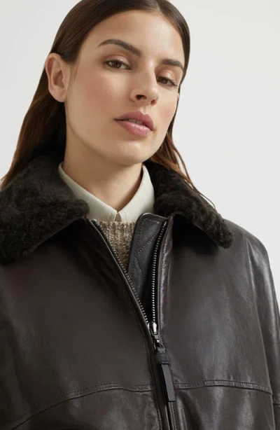 Brunello Cucinelli Leather Jacket With Shearling Collar In Brown