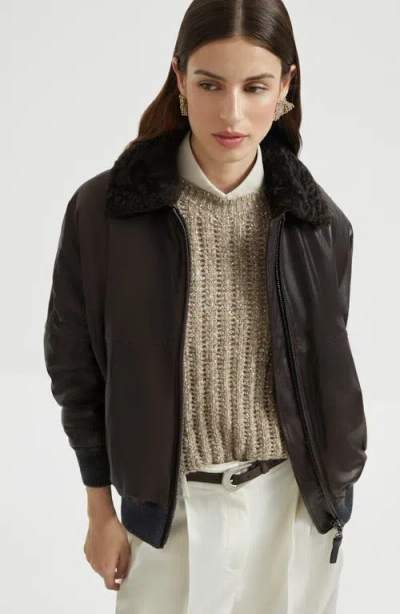 Brunello Cucinelli Leather Jacket With Shearling Collar In Brown