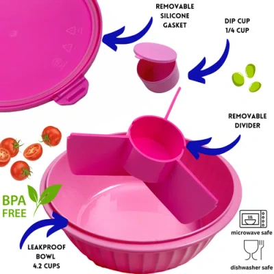 Yumbox Bento-style Salad Bowl With 3-part Divider And Dip Cup In Pink