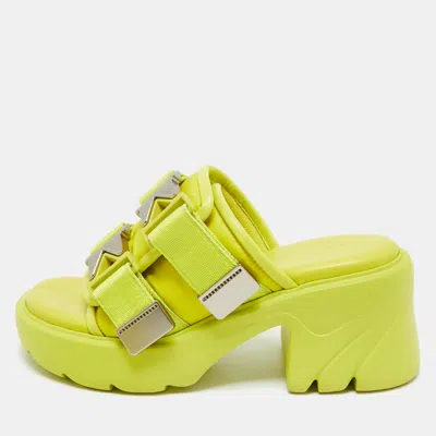 Pre-owned Bottega Veneta Neon Yellow Nylon And Leather Flash Platform Slide Sandals Size 39