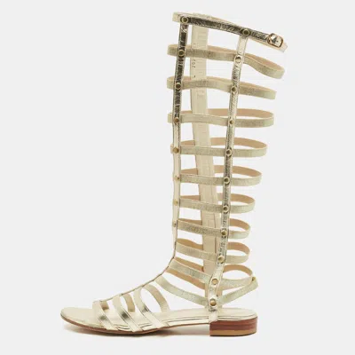 Pre-owned Stuart Weitzman Metallic Gold Leather And Elastic Gladiator Flat Sandals Size 37 In Silver
