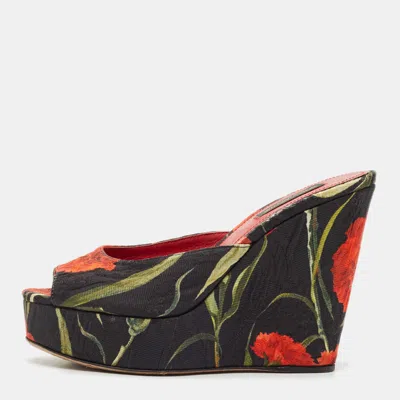 Pre-owned Dolce & Gabbana Multicolor Fabric Floral Print Wedge Platform Slide Sandals Size 35