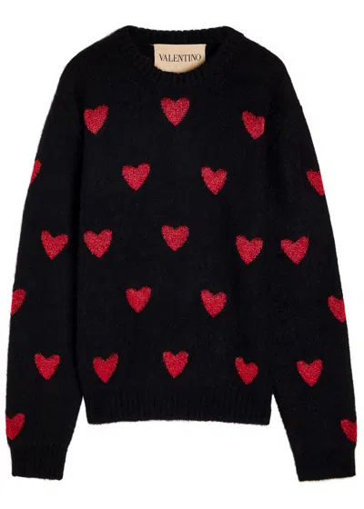 Valentino Heart Jacquard Mohair And Lurex Jumper In Black