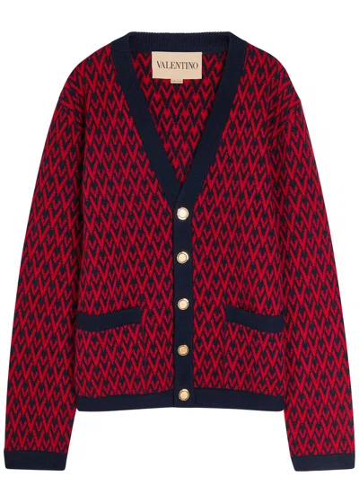 Valentino Toute La V Jacquard Wool Cardigan In Red