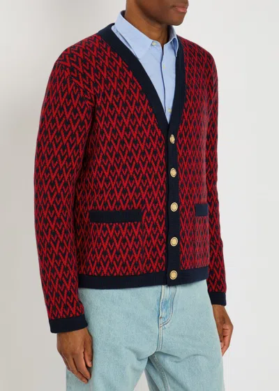 Valentino Toute La V Jacquard Wool Cardigan In Red