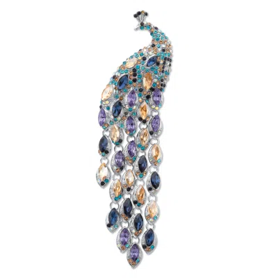 Palm Beach Jewelry Marquise Cut Multi-colored Crystal Peacock Pin Silvertone 5 1/2" Length In Yellow