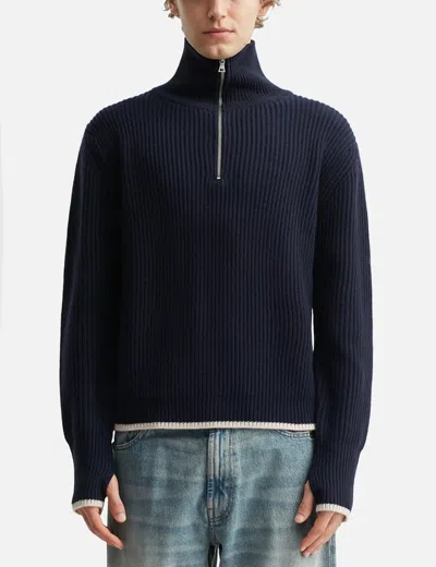 O. Files Fisherman's Wool Knit Half Zip In Blue