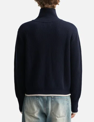 O. Files Fisherman's Wool Knit Half Zip In Blue