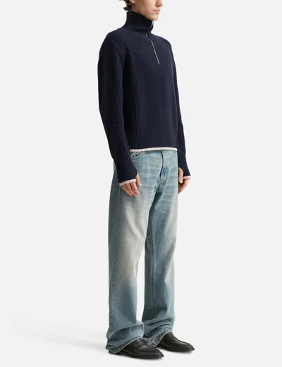 O. Files Fisherman's Wool Knit Half Zip In Blue