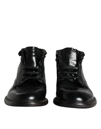 Pre-owned Dolce & Gabbana Black Leather Men Short Boots Lace Up Men's Shoes ()