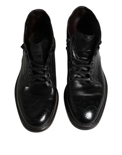 Pre-owned Dolce & Gabbana Black Leather Men Short Boots Lace Up Men's Shoes ()