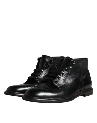 Pre-owned Dolce & Gabbana Black Leather Men Short Boots Lace Up Men's Shoes ()