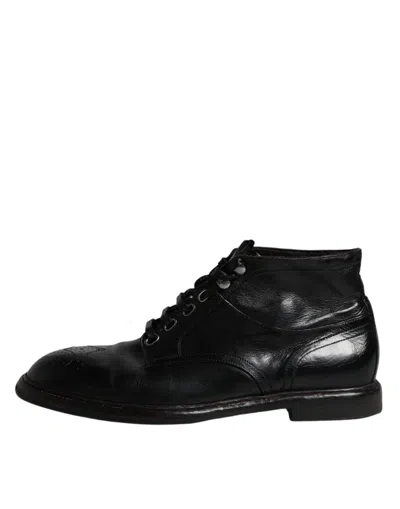 Pre-owned Dolce & Gabbana Black Leather Men Short Boots Lace Up Men's Shoes ()