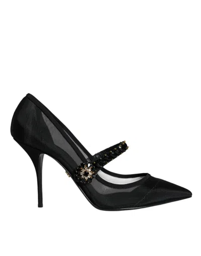 Dolce & Gabbana Black Mesh Mary Jane Crystal Heel Pumps Women's Shoes In Black