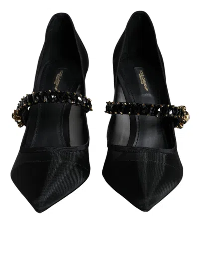 Dolce & Gabbana Black Mesh Mary Jane Crystal Heel Pumps Women's Shoes In Black