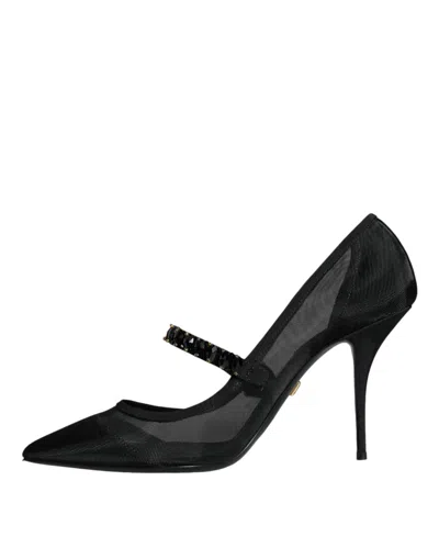 Dolce & Gabbana Black Mesh Mary Jane Crystal Heel Pumps Women's Shoes In Black