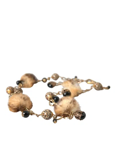 Dolce & Gabbana Gold Brass Leopard Fur Pearl Collier Chain Women's Belt In Multi