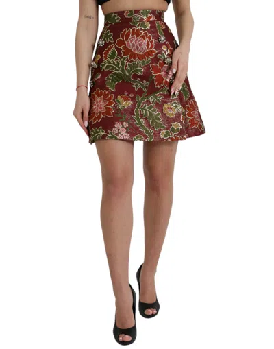 Dolce & Gabbana Maroon Floral Jacquard Mini Women's Skirt In Burgundy