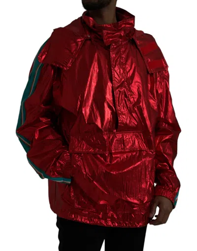 Dolce & Gabbana Red Nylon Hooded Pullover Sweatshirt Jacket In Red