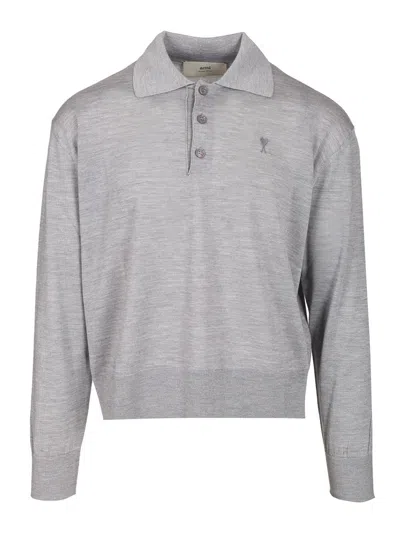 Ami Alexandre Mattiussi Ami De Coeur Polo In Extrafine Wool And Silk In Gray