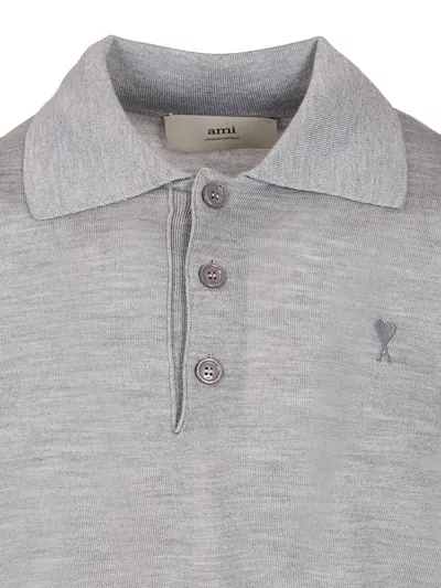 Ami Alexandre Mattiussi Ami De Coeur Polo In Extrafine Wool And Silk In Gray