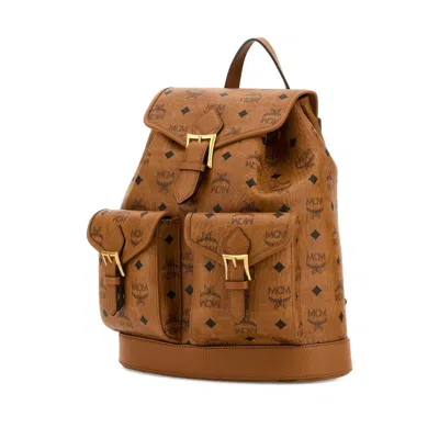 Mcm Canvas Backpack With Leather Trim And Front Pockets