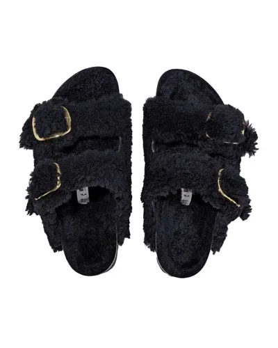 Birkenstock Arizona Shearling Slides With Large Buckle In Black