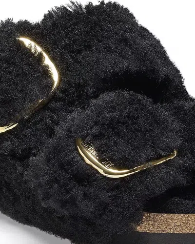 Birkenstock Arizona Shearling Slides With Large Buckle In Black