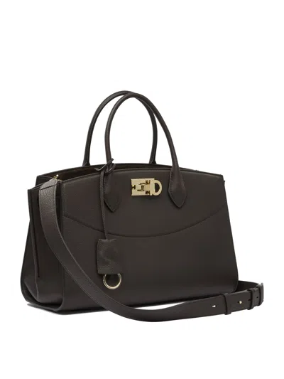 Ferragamo Structured Brown Calf Goat Leather Handbag In Brown