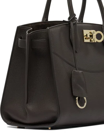 Ferragamo Structured Brown Calf Goat Leather Handbag In Brown