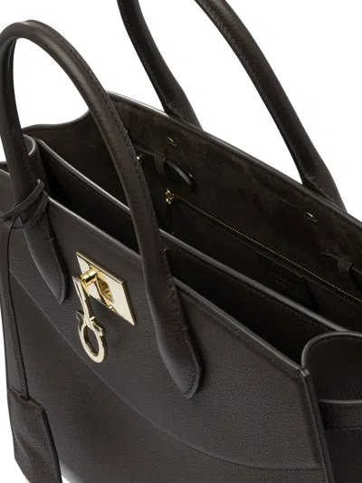 Ferragamo Structured Brown Calf Goat Leather Handbag In Brown