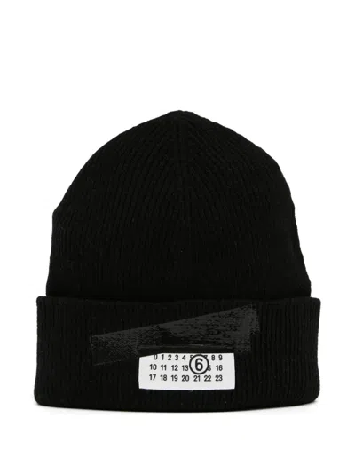 Mm6 Maison Margiela Mm6 By Maison Margiela Ribbed Knit Wool Beanie With Folded Cuff And Label In Black