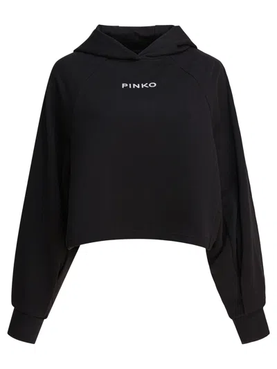 Pinko Logo Print Cropped Hooded Sweatshirt In Black
