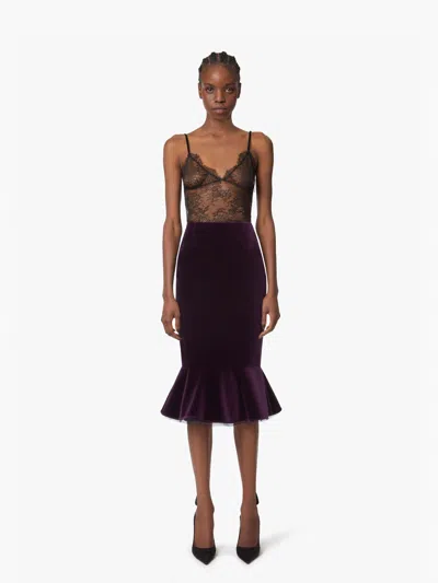 Nina Ricci Knee Length Velvet Skirt With Ruffled Hem In Purple
